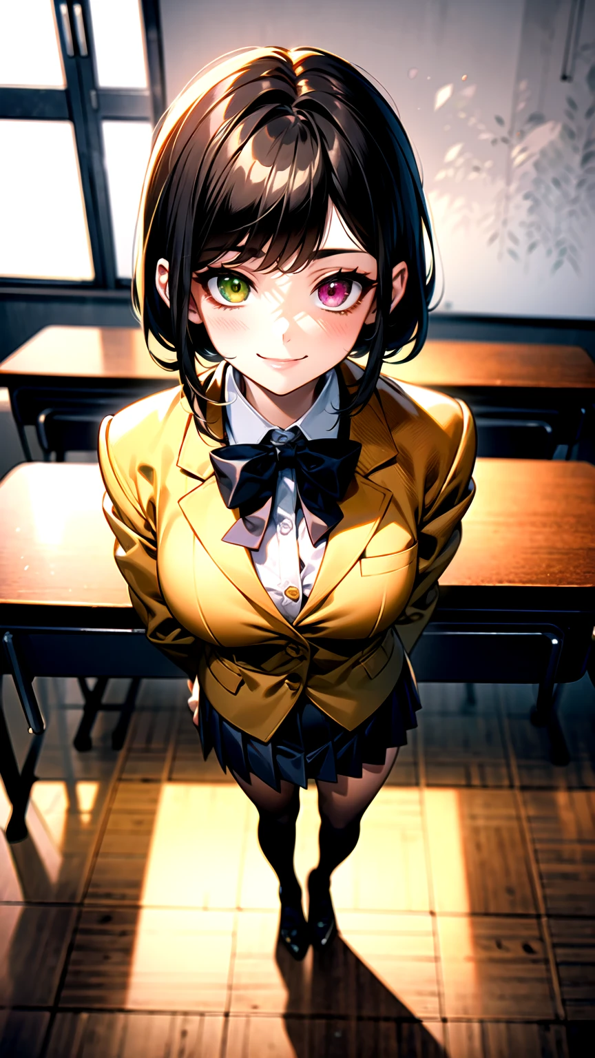 ((super high quality,Ultra-high resolution,4K,8k,super masterpiece,Ultra HD ,Detailed shading)),Full body photo,Evening Classroom,One Girl,Blue-green blazer,White cutter shirt with buttons undone down to the neck.,Yellow and black striped bow tie,Marigold check mini skirt,Black tights,Sweep the bangs heavily to the left,Orange and green heterochromia,Sharp eyes with raised,smile,