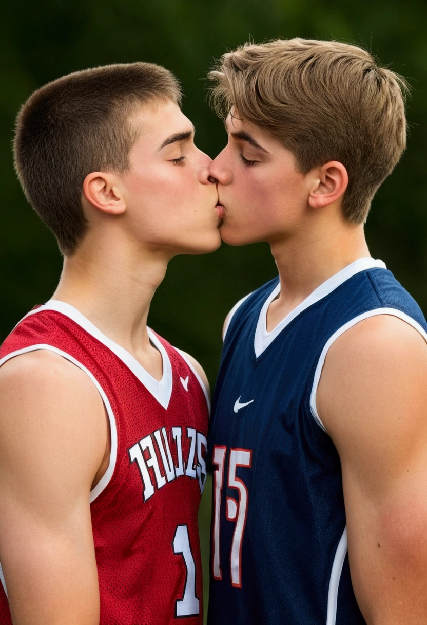 17-year-old athletic young man kissing a 15-year-old athletic boy