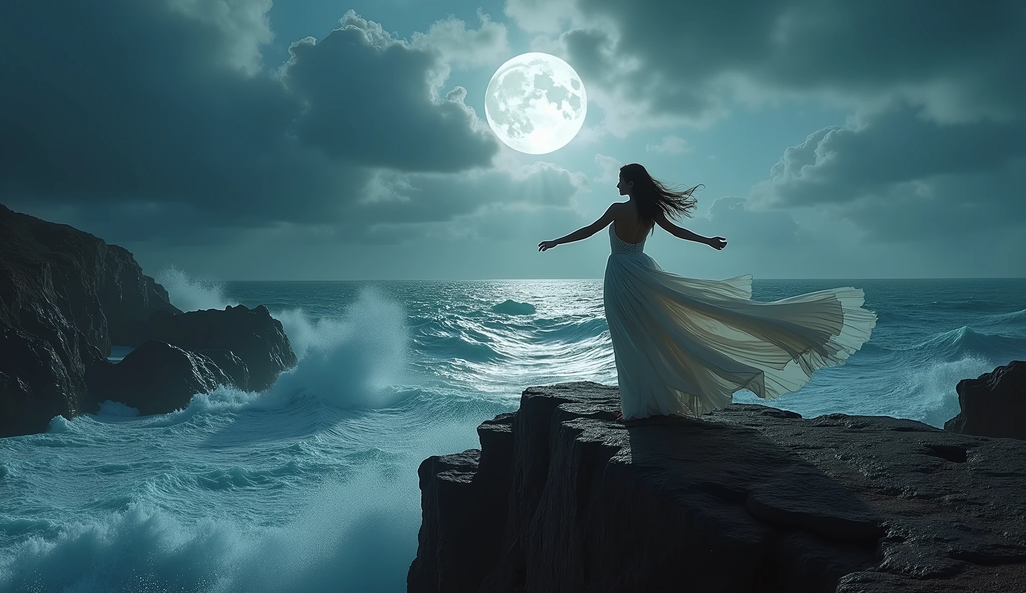 woman standing on a cliff with her arms spread apart about to jump, ocean in front, moonlit night, long dress blown by the wind, huge waves breaking on the rocks