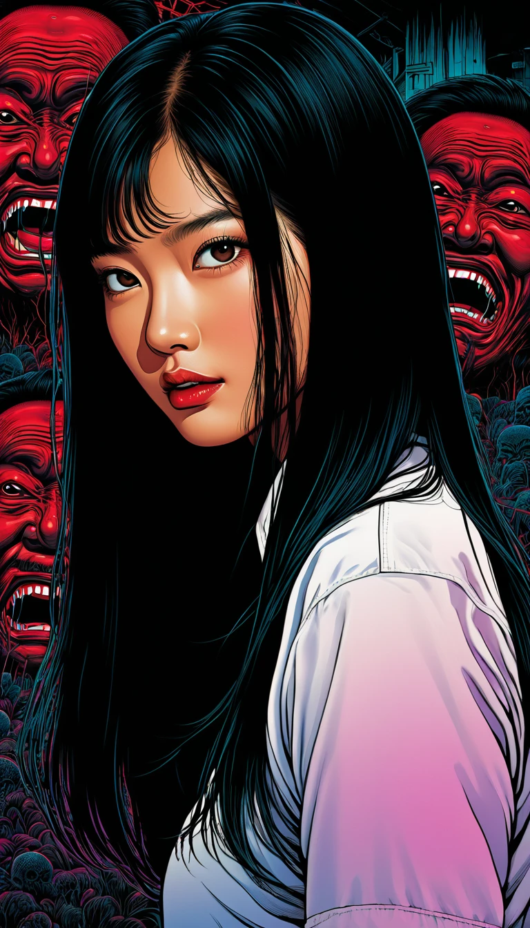 An illustration、art、80s Thai horror movie poster, Supervised by Junji Ito、(White Shirt:1.0)、station、Attention to detail, Realistic Shadows、Analog Style, chromatic aberration, Surrealism、Complementary Gradient