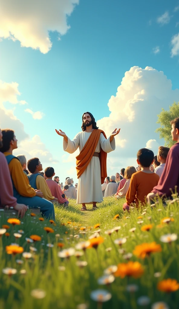 Jesus on the Mount of Beatitudes speaking to the people in a Pixar 3D animation style