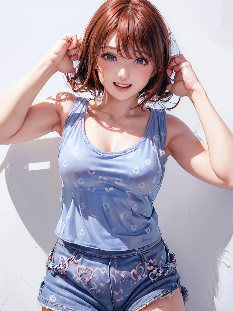 (((Cowboy Shot、Women's solo shots、Oil、Pure white wall background、masterpiece、Highest quality、High resolution)))、Redhead、Bob Hair、(((wearing a blue tank top)))、(((Heart pattern tank top)))、Fashionable hairstyles、Red cheeks、((No Shadow、Frame In))、Cute Face、((Small breasts))、((Laughing out loud))、((Cute expression))、(((With hands up)))