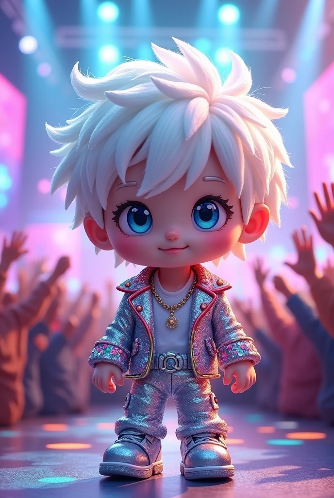Male, 1 character, mini character, fluffy illustration, white hair, blue eyes, idol outfit, energetic