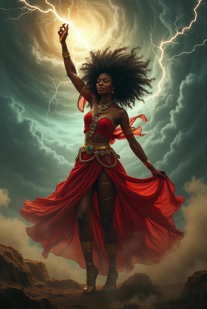 Black woman Orisha, warrioress, curled hair, red and gold clothing, bare feet, in the middle of a tornado, with lightning coming out of his hand