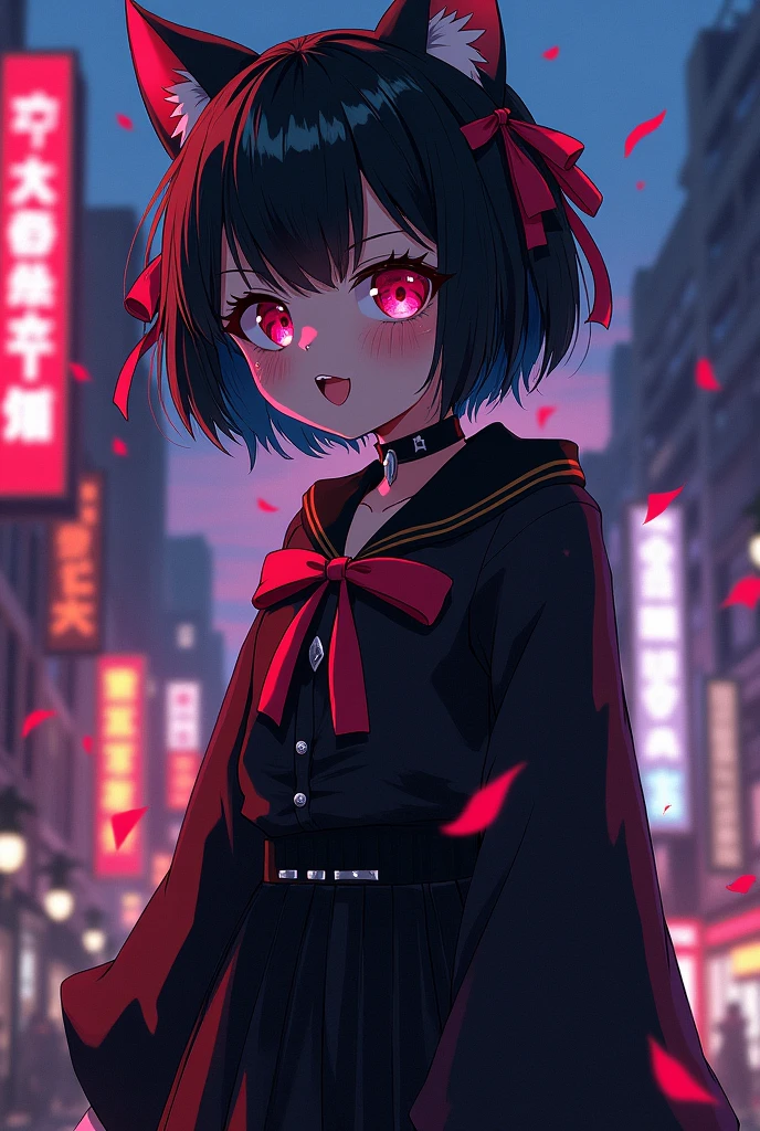 Clear! I will be happy to provide you with a detailed description of Himiko Toga's appearance, including as many details as possible: Himiko Toga: A deceptively innocent appearance At first glance, Himiko Toga may seem like an ordinary teenage girl, but her appearance hides a depth and complexity that reflects her murky personality. Facial features: Eyes: Large and expressive, with a color that usually changes depending on your mood. They are often described as bright and almost feline. Skin: Pale and soft, with a light blush on the cheeks that gives it a youthful and innocent appearance. Mouth: Small and delicate, with full lips. Her fangs, although not always visible, are a distinctive feature and are accentuated when she is excited or in combat mode. Nose: Small and upturned, adding to its childlike appearance. Hair: Color: Jet black, intense and shiny. Length: Short and messy, with strands that usually fall over his face, framing his eyes. Style: She often wears it in a slightly wild style, which contrasts with her delicate appearance. Body: Height: Short, which accentuates his fragile appearance. Build: Thin and slender, with a youthful figure. Posture: His posture is usually relaxed and carefree, but can change drastically when in combat mode. Outfit: Style: His style is a mix of childish and gothic. She likes to wear clothes that highlight her figure and are comfortable to move in. Colors: Prefers dark colors such as black, red and purple, but also usually wears clothes with bright prints or pastel colors. Accessories: She uses few accessories, but when she does, it is usually flashy jewelry or hair ribbons. Distinctive elements: Fangs: Her sharp fangs are a unique feature that distinguishes her from other characters. Appearance Changes: Thanks to his Quirk, he can change his appearance at will, adopting the physical characteristics of the people whose blood he has drunk. Facial Expressions: Their expressions are very changeable and can go from an innocent sm