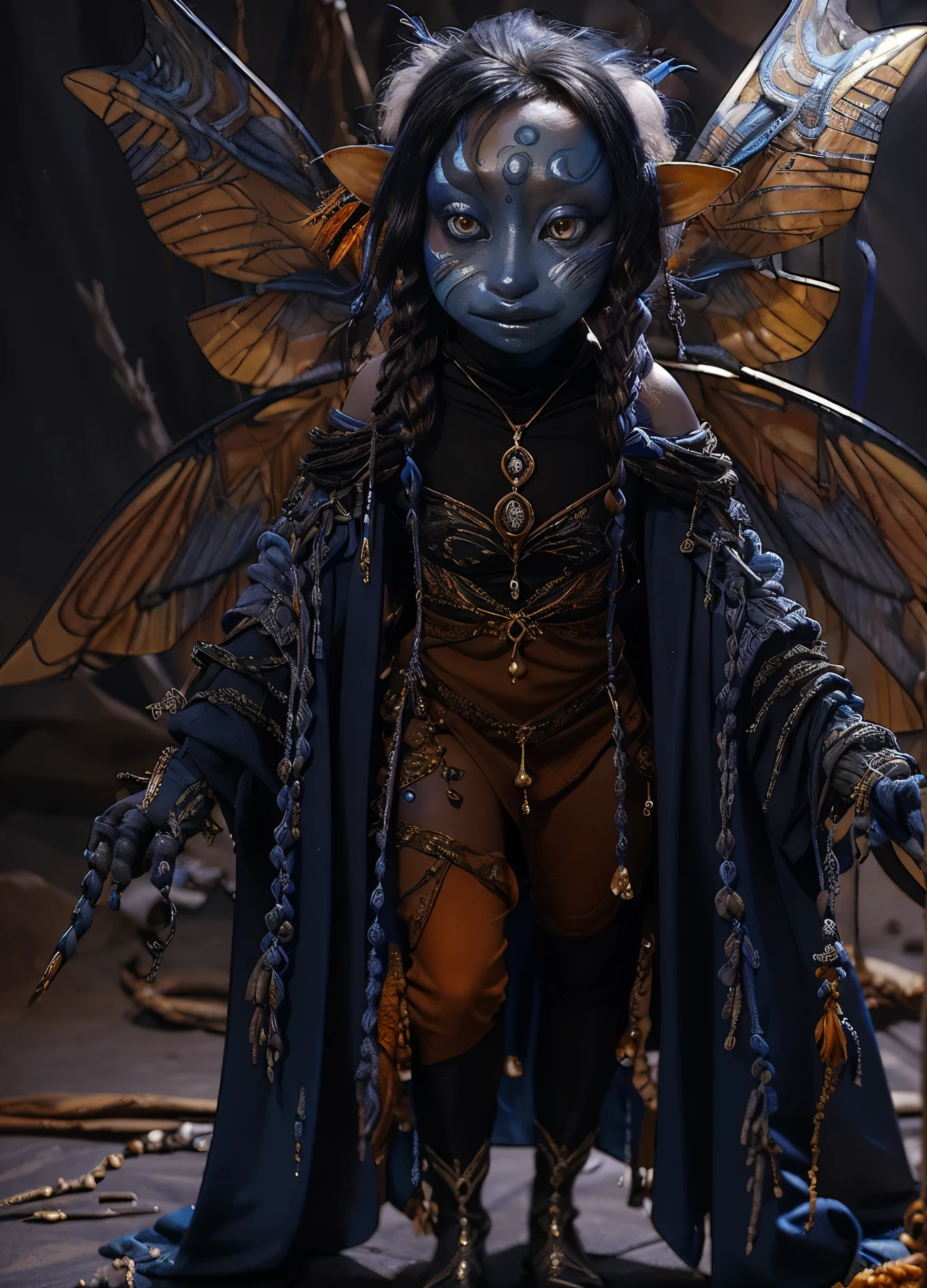 dousan, gelfling, female, dark blue and orange beaded robes decorated with jewels and bones, short curly white hair with long decorated braids, desert, blue skin with lighter blue face paint, big orange eyes, jewelry, full body, insect wings coming from shoulders,