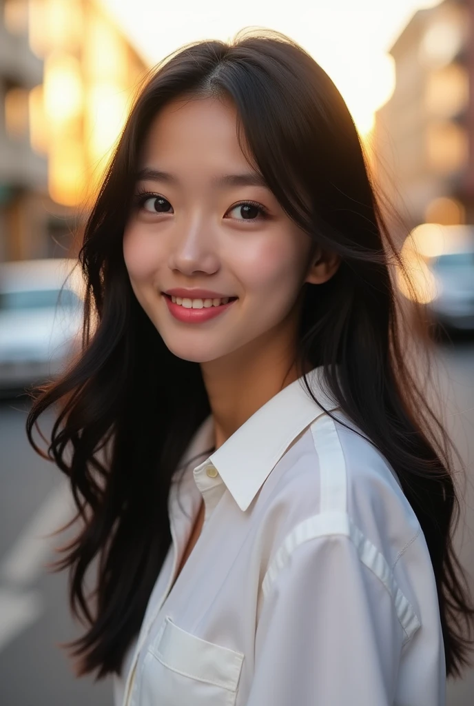 20 year old beautiful girl white face big eyes pink lips black hear and white shirt