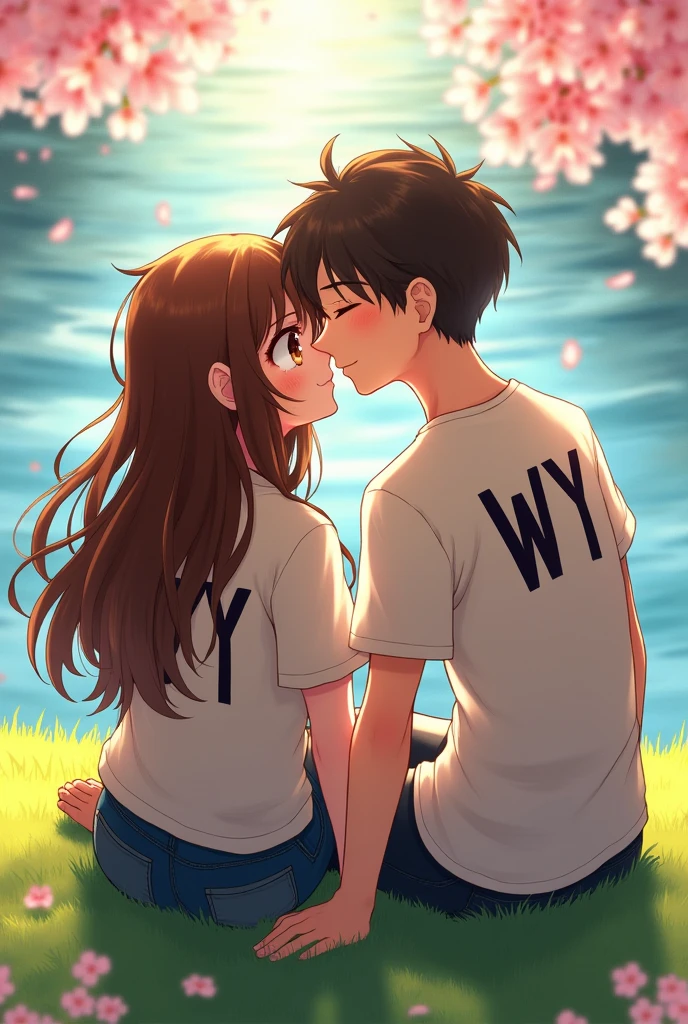Woman and man facing the camera sitting next to a lake kissing each other and each one wearing a shirt that shows the initials of v and w. Vicky is white and the woman has the letter vy on her shirt, the man has the letter wy so that the initials can be seen in anime style. Vicky has brown eyes and the woman has the initial of v and the man has the letter w.