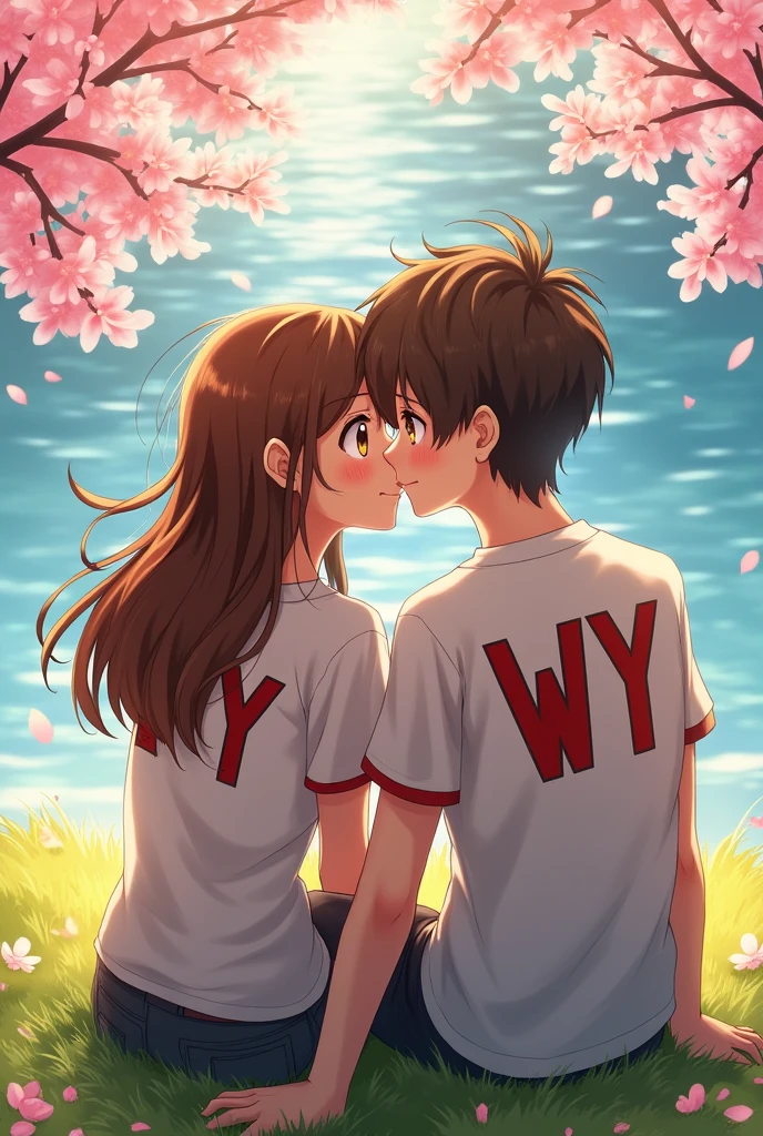 Woman and man facing the camera sitting next to a lake kissing each other and each one wearing a shirt that shows the initials of v and w. Vicky is white and the woman has the letter vy on her shirt, the man has the letter wy so that the initials can be seen in anime style. Vicky has brown eyes and the woman has the initial of v and the man has the letter w.