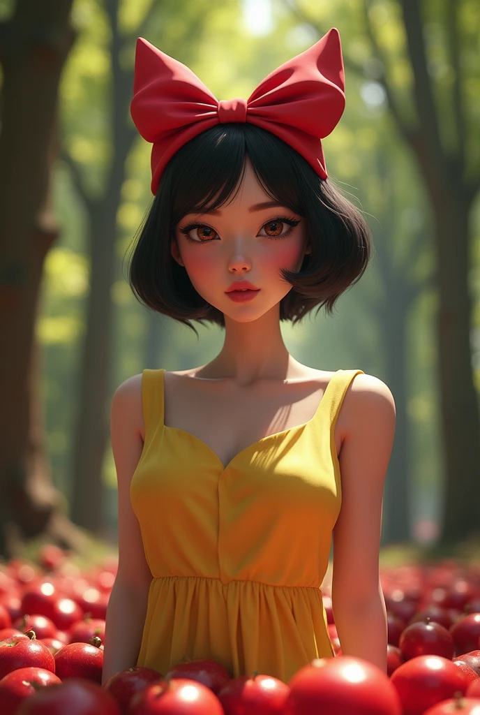 snow white, image ultra realistic, snow white, disney's princess, with short hair, red bow on head, front image, trees behind and apples, PICTURE REALISTIC, realperson, ultra 4k, PICTURE REALISTIC, cosplay de snow white