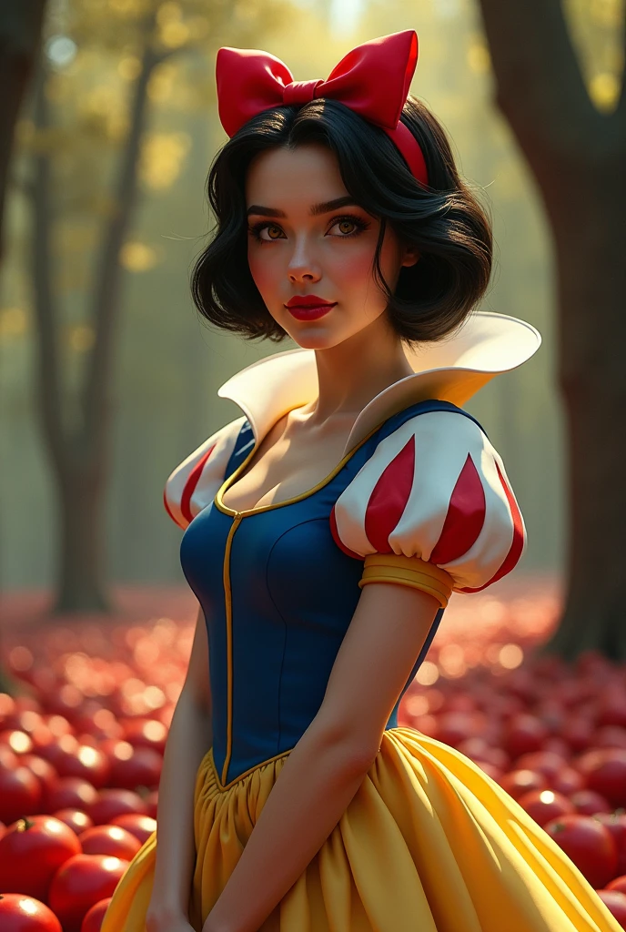 snow white, image ultra realistic, snow white, disney's princess, with short hair, red bow on head, front image, trees behind and apples, PICTURE REALISTIC, realperson, ultra 4k, PICTURE REALISTIC, cosplay de snow white