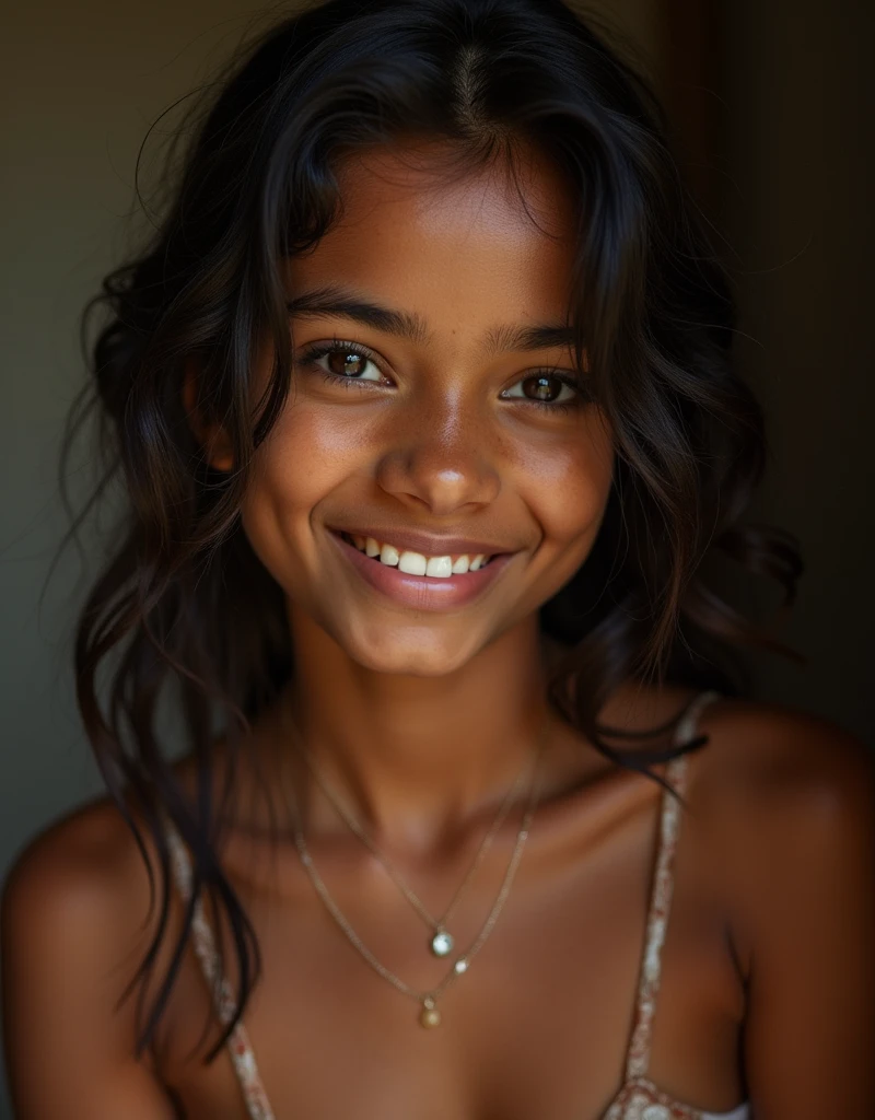 Detailed and realistic portrait of a stunningly beautiful -yeld Afan-Arabian girl with, gorgeous beauty, beauty queen, cute round eyes, cute snub nose, black eyeshadow, big eye lashes, oscuro, cabello desordenado, tomado afuera, looking at the camera, sweet smile, full winning smile with visible teeth, smiling with the eyes as well, very dark skin, full of joy, very full lips, very full lips with wet lipstick, she is in love with the photographer and shows it,she wants the photographer and you can see it in her eyes, Soft natural lighting, portrait photography, Magical photography, Dramatic lighting, Foto realism, ultra detallado, intimate portrait composition, whole body, front view just slightly tilted to the side, full body, pubic area fully visible, little ass,  very dark skin, she is hot and horny,  a lot of sweat on her body, sweat trickling down her body, wet body, she likes to sweat,  you can clearly see the nipples, warm summer rain coming down, she is very wet, wet hair, nude, nude, nude, no clothes, vagina, breasts, not hiding breasts, not hiding vagina, clothes super transparent and thin and small, you can see the whole outline of the breast, you can see the nipples, natural nipples,you can see the whole vagina slit