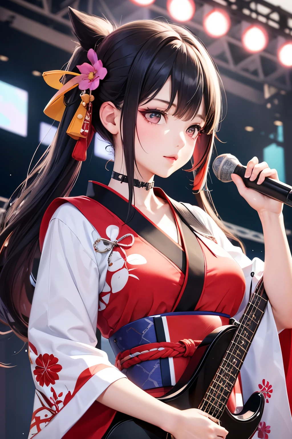 masterpiece, best quality, highly detailed, high resolution, expensive resolution, high resolution, 4k, 8k, Unity 8k wallpaper, highly detailed CG, masterpiece, 2d, 3d, beautiful details, depth, fine texture, best quality: 1.3, perfect focus, crispy skin, he, very cute anime girl, beautiful and cute girl in band playing bass guitar and singing in band wearing Japanese fancy patterned haori hakama on outdoor stage, full body, expensive black hair with pink inner short twin tail hair, mole under eye, looking at the viewer, expensive, blush, mole, open lips, , heart shaped choker, pink eyes, bass guitar, vocals, stage, outdoor festival stage