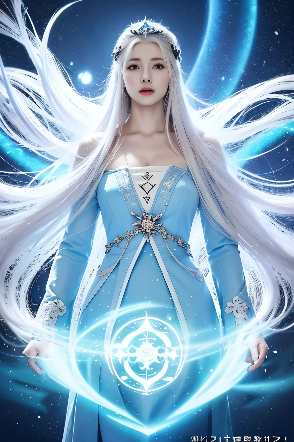 anime girl with long white hair and a blue dress in the snow, white haired deity, white hair floating in air, anime fantasy illustration, flowing white hair, beautiful young wind spirit, beautiful fantasy anime, glowing flowing hair, ethereal anime, beautiful anime artwork, beautiful digital artwork, anime fantasy artwork, ((a beautiful fantasy empress)), 2. 5 d cgi anime fantasy artwork