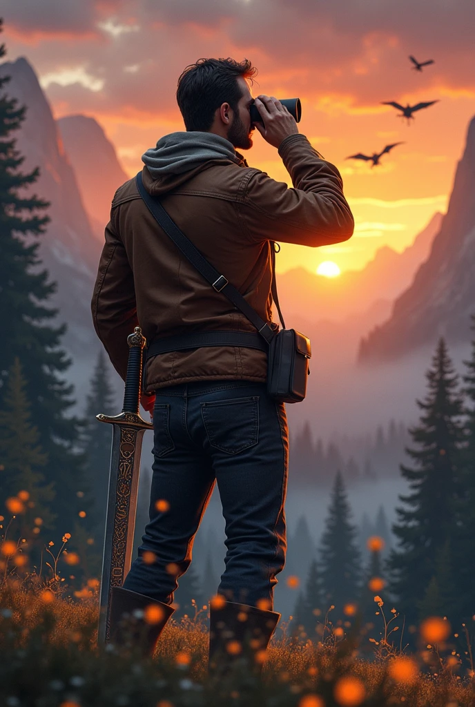a dungeons and dragons style guy looking into the background with a brown jacket, jeans negros, and full body, with a sword in one hand and binoculars in the other