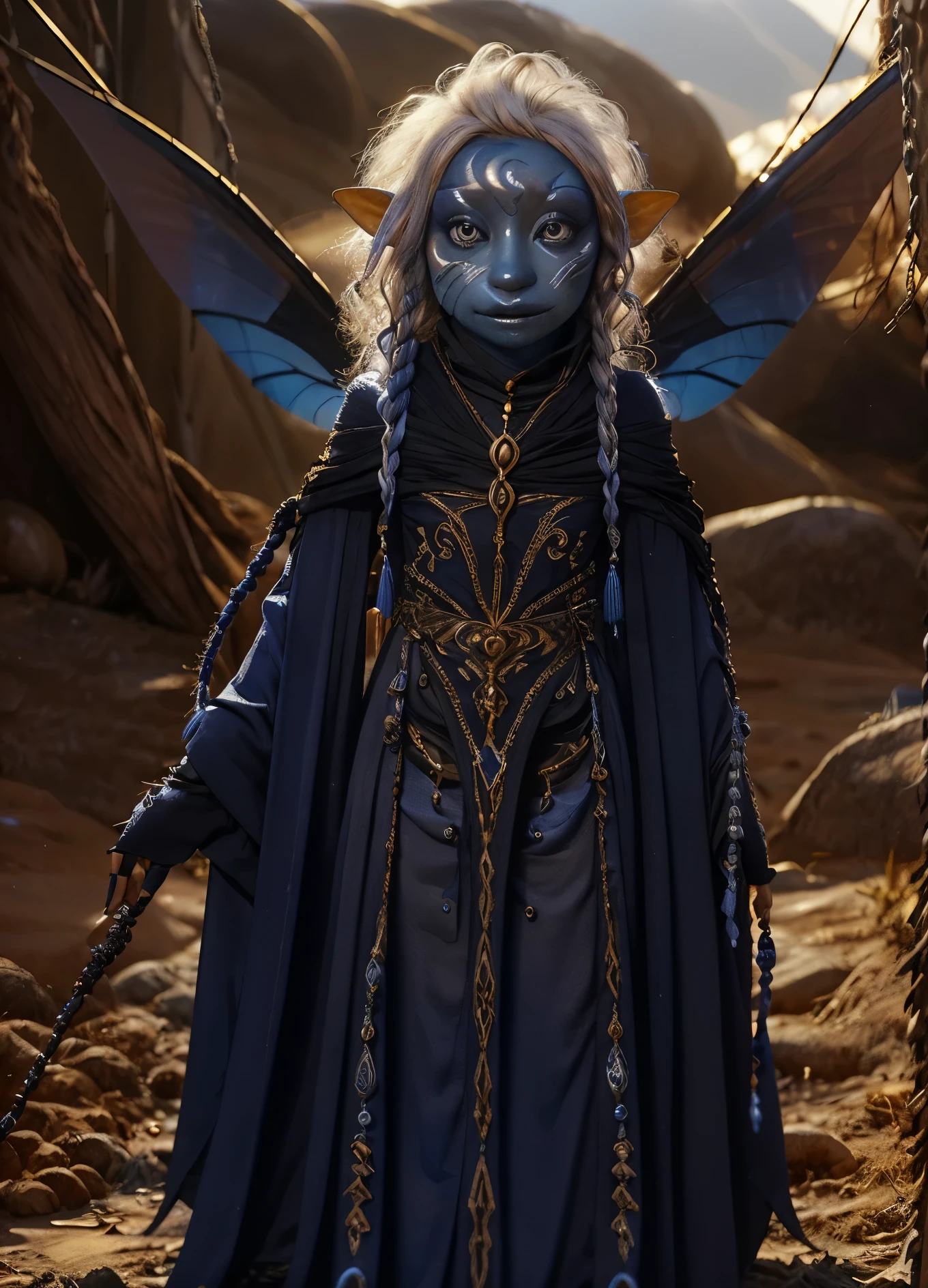 dousan, gelfling, female, dark blue and orange beaded robes decorated with jewels and bones, short curly white hair with long decorated braids, desert, blue skin with lighter blue face paint, big orange eyes, jewelry, full body, insect wings coming from shoulders,