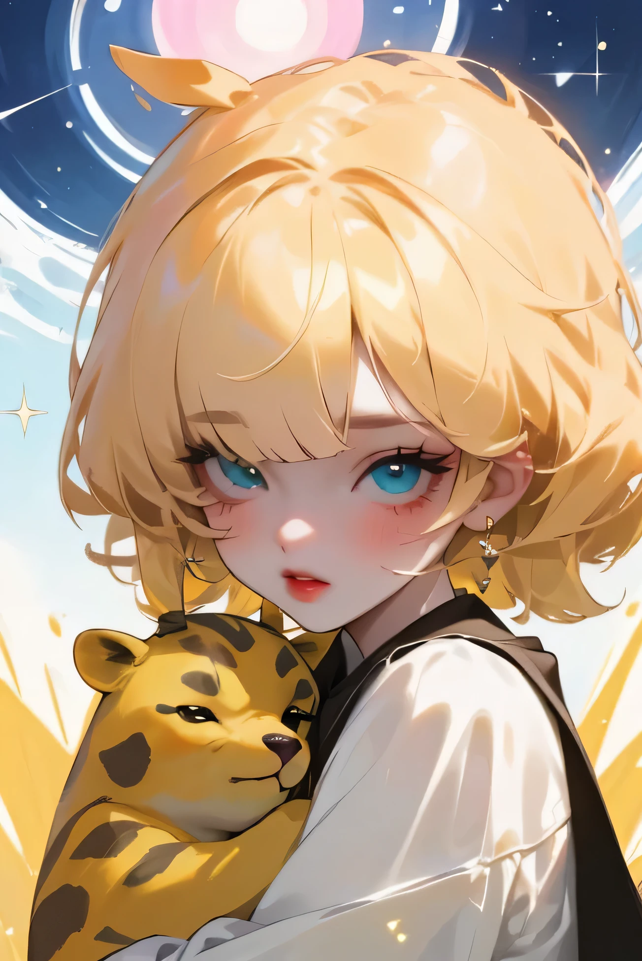 (high quality) (Best Quality) (Una Women) (correct physiognomy) (perfect students) (Perfect eyes) Women, blonde hair with bangs on the forehead, TWO cat ears growing out of his head, eyes with heterochromia dos ojos, one eye green and the other eye of color blue, sensitive lips, female appearance, soft facial features, thin eyebrows, soft skin, rosy cheeks, pink lips, silky eyelashes, dreamy expression, middle age, youth clothing, glitter sweatshirt, photo illuminated by sunlight, Women en un campo de girasoles