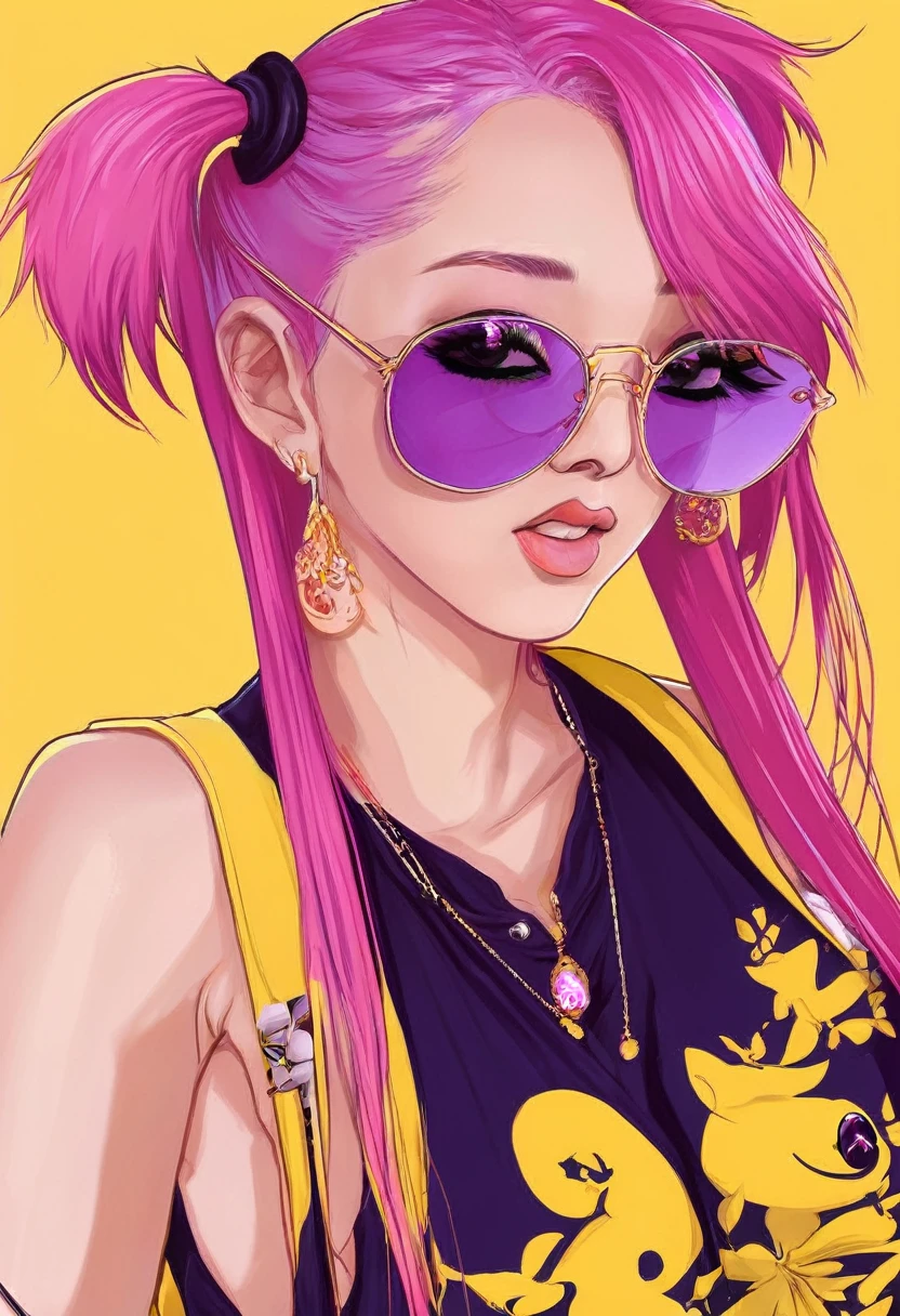 yae miko wearing trendy yellow sunglasses, yellow background, pink hair, purple eyes