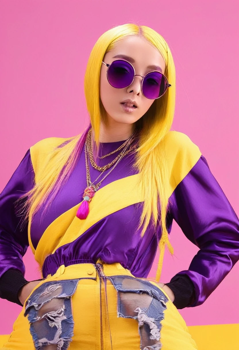 yae miko wearing trendy yellow sunglasses, yellow background, pink hair, purple eyes