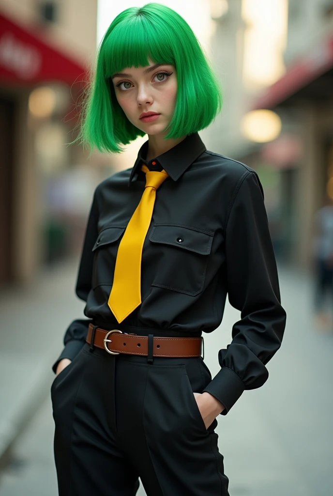 Girl with green bob hairstyle, eyes with a red iris colored outline, black shirt with a yellow tie, brown belt and long black pants, black shoes with yellow socks, Realistic style