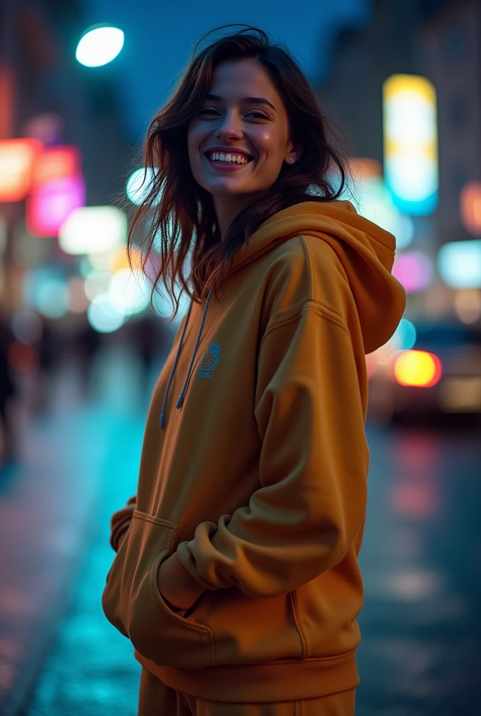 (8k, RAW photo, best quality, masterpiece:1.2), (realistic, photo-realistic:1.37), best quality, ultra high res, photon mapping, radiosity, physically-based rendering, 1girl, ((glasses)), ((hoodie)), ((sweatpants)), naughty face, cute, (laughing), (happy), looking at viewer, posing, (full body), large breasts, busty, large butt, cityscape, night, (bokeh:1.4), ((wink)), ((hair blown by air))