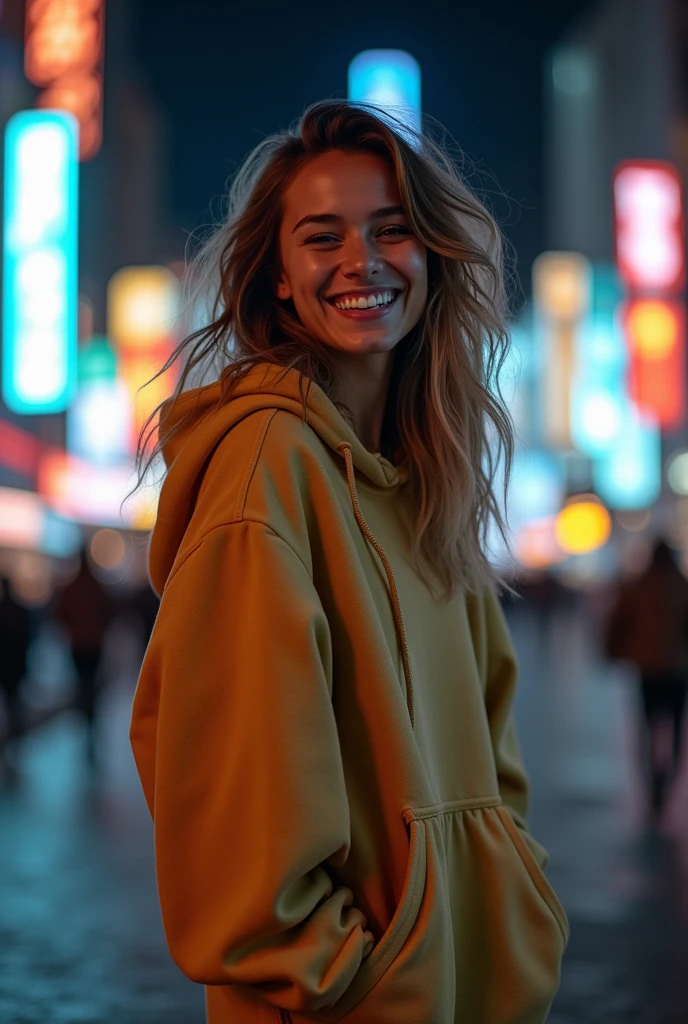 (8k, RAW photo, best quality, masterpiece:1.2), (realistic, photo-realistic:1.37), best quality, ultra high res, photon mapping, radiosity, physically-based rendering, 1girl, ((glasses)), ((hoodie)), ((sweatpants)), naughty face, cute, (laughing), (happy), looking at viewer, posing, (full body), large breasts, busty, large butt, cityscape, night, (bokeh:1.4), ((wink)), ((hair blown by air))