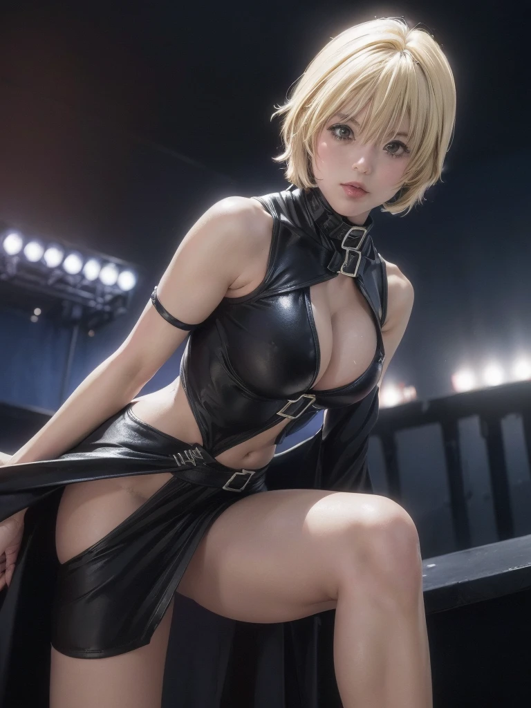 kurosaki mea、最high quality、high quality,, ((Masseter muscle area)), ((High resolution)), ((最high quality)), detailed, ((Glowing Skin)), (High leg bodysuit:1.2)、and, ((huge 、Blonde、Short Bob))、(Black Bondage, Waist Cloak, Black shorts), Voluptuous bust, exposed navel, Bowl-shaped big breasts, (View from the front、Looking at the audience:1.5)、((background:Night in the city:1.4))