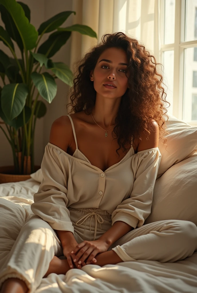 (photorealism:1.2), beautiful woman, sitting on bed, wearing loose off-shoulder top, pajama pants, long curly hair, indoors, soft lighting, plants in background, window with sunlight, cozy room, relaxed pose, realistic, intricate details, warm colors, by Greg Rutkowski, by Alphonse Mucha