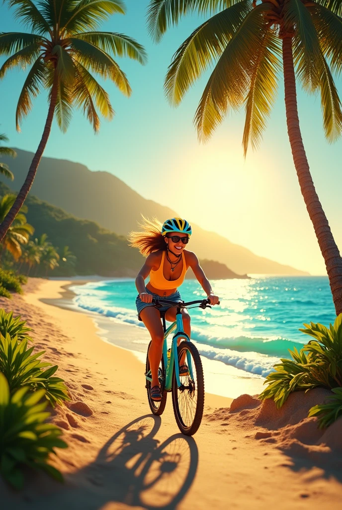 Create a paradisiacal image that merges cycling with the AOR musical style.
