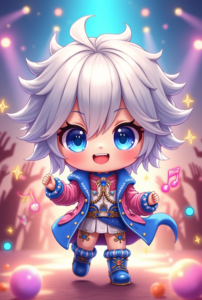 Male, 1 person, mini character, fluffy illustration, white hair, blue eyes, idol outfit