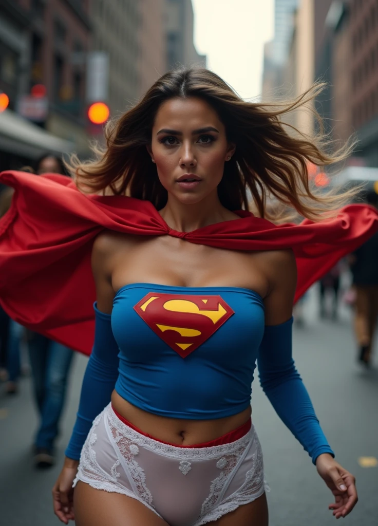 In the streets of New York City a Blonde Latina Supergirl Cosplayer is running down the street completely humiliated, embarrassed, shocked ,and ashamed as she is standing would just have a costume and red lace panties as the crowd laughs and looks on at her as she is half dressed exposed from the waist down Artgerm Frank Franzetta Franklin Stewart Alex Ross Style Realism Artstation HD Realism Octane 10 Realism Unreal Engine 6.6 ornate detailed cinematic 4k 8K -16K Hyper 3D Canon EOS 60D Camera 250mm lens FujiChrome 100 asa film Studiolighting dramatic vibrant creative retro 70's