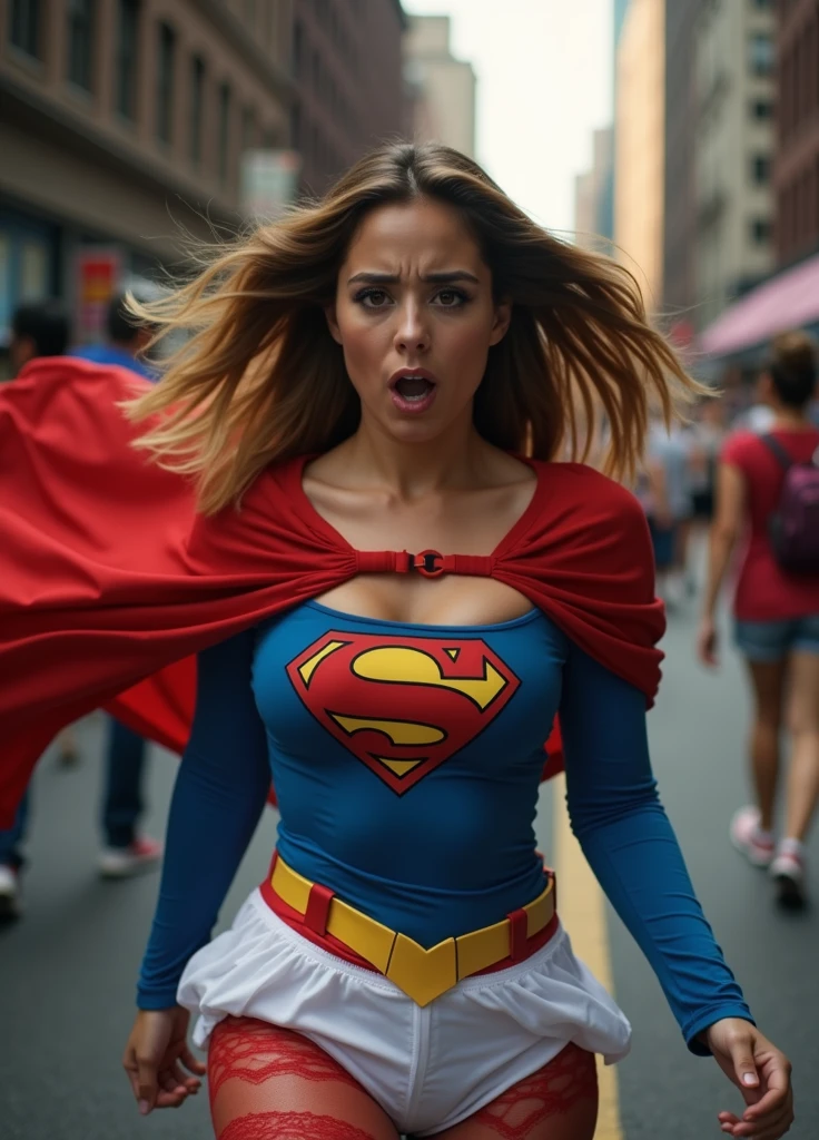In the streets of New York City a Blonde Latina Supergirl Cosplayer is running down the street completely humiliated, embarrassed, shocked ,and ashamed as she is standing would just have a costume and red lace panties as the crowd laughs and looks on at her as she is half dressed exposed from the waist down Artgerm Frank Franzetta Franklin Stewart Alex Ross Style Realism Artstation HD Realism Octane 10 Realism Unreal Engine 6.6 ornate detailed cinematic 4k 8K -16K Hyper 3D Canon EOS 60D Camera 250mm lens FujiChrome 100 asa film Studiolighting dramatic vibrant creative retro 70's 