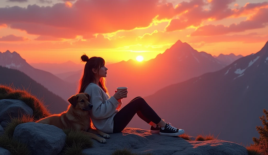 a serene mountain sunset scene. In the foreground, a young e-girl is sitting on a rocky outcrop, wearing a cozy sweater, stylish leggings, and a pair of Converse All Stars. She is sipping a cup of coffee, with a relaxed and content expression as she watches the sunset. Beside her, a medium-sized dog is sitting comfortably, both gazing at the breathtaking view. The warm, golden hues of the setting sun cast a beautiful glow over the landscape, with the rugged mountain terrain and distant horizon creating a peaceful and picturesque backdrop. The overall atmosphere should evoke a sense of calm and appreciation for nature's beauty, highlighting the special moment shared between the e-girl, her dog, and the sunset.