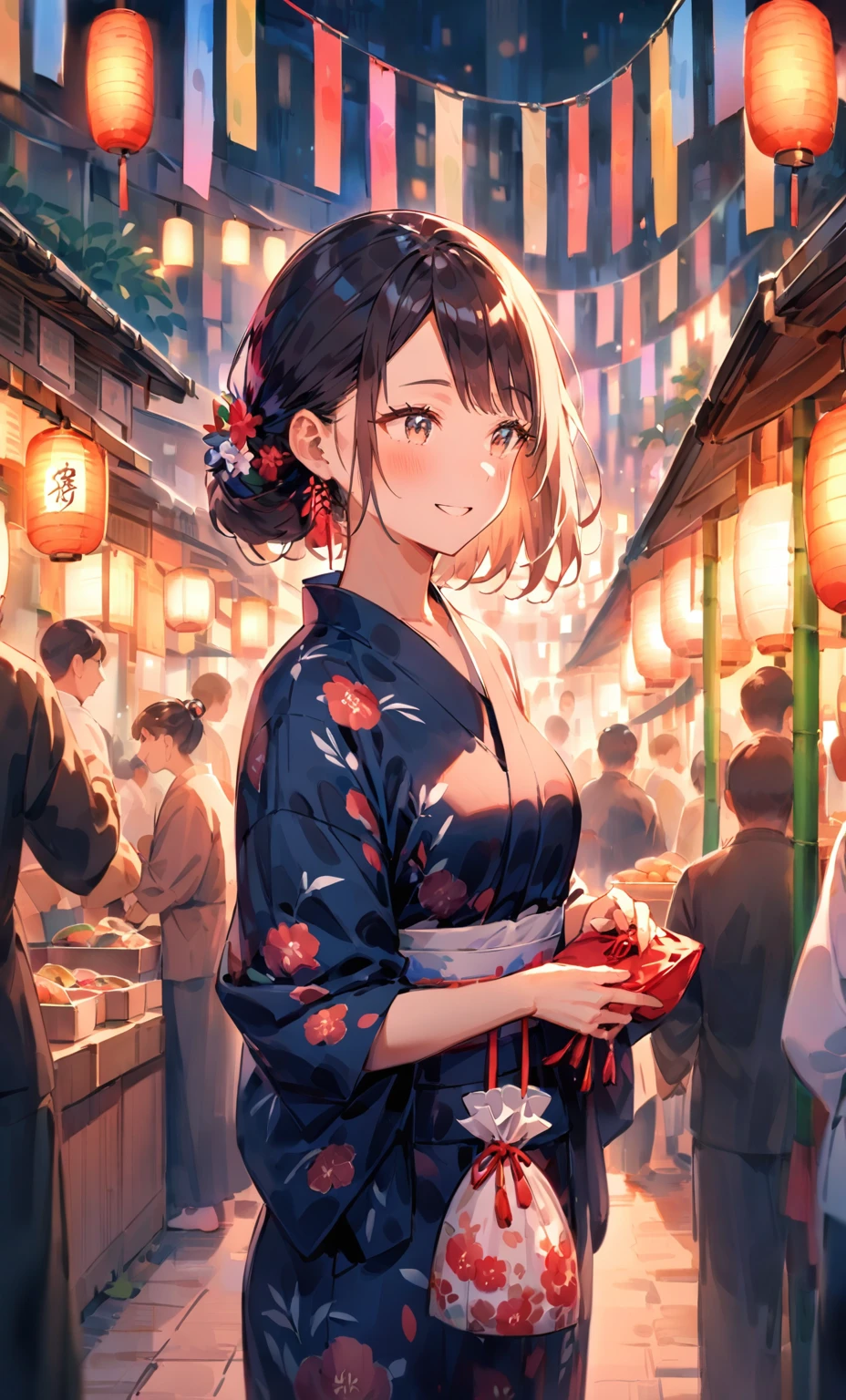 A young woman is waiting for her boyfriend at a Tanabata festival. It is nighttime, and she is standing under beautifully lit bamboo decorations and colorful streamers. The atmosphere is festive with lanterns, stalls selling traditional foods, and people wearing yukatas. The woman is wearing a yukata, holding a small purse, and looking around with a smile, anticipating their festival date.
