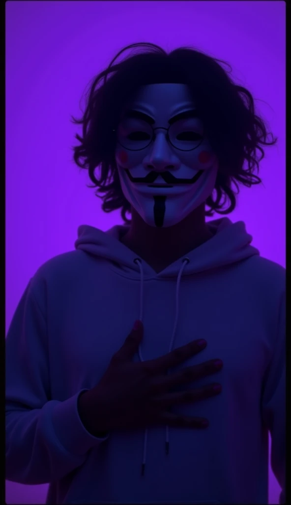 A person with medium-length curly dark hair is wearing a white hoodie and a stylized Guy Fawkes mask. The mask covers the entire face, and the person is also wearing round glasses over the mask. The individual is holding his hand up to his chest. The lighting in the image is dim, with a dark and moody environment, giving the entire scene a somewhat mysterious and rebellious atmosphere. The background is blurred and out of focus, emphasizing the person as the main subject of the image.
