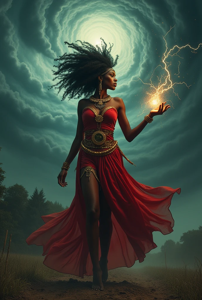 Black woman Orisha, warrioress, curled hair, red and gold clothing, bare feet, in the middle of a tornado, with lightning coming out of his hand