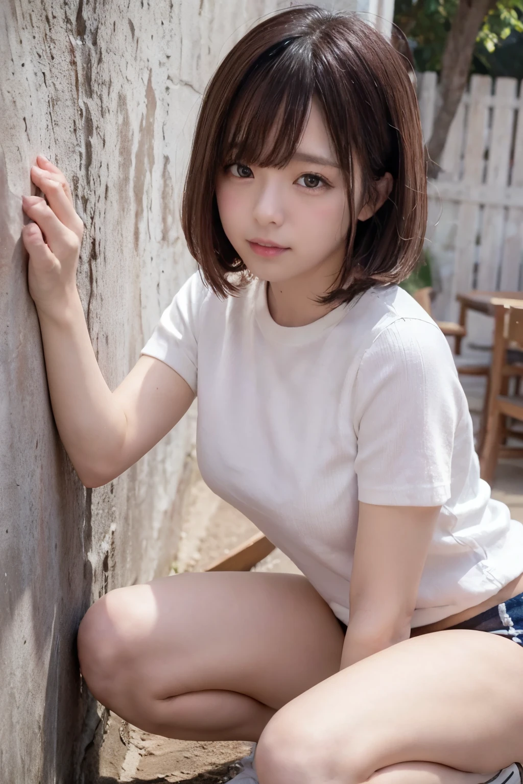 8K, RAW Photo, Best Quality, Masterpiece, Realistic, PhotoRealistic, Extremely Detailed 8K Wallpaper, Beautifully Detailed Eyes, Finely Detailed Face, 
 BREAK 
Professional Lighting, Rim Lighting, 
 BREAK 
(1 Girl Touching on the Dusty Wall with Bending 1 Knee a Little:1.4), 
 BREAK 
Perfectly Anatomically Correct:1.4, 5 Beautiful Thin Finger:1.2, 
 BREAK 
1 Girl, 
(Very Short Bob Hair, Symmetrical Clear Eyes:1.2), Captivating Eye Reflections, Kawaii, 
(Showing off the Swelled Buttocks Protruded from Bottoms to the Viewer:1.2, Medium ASS Upturned:1.2, Beautiful Spherical Shape Buttocks:1.2, Skindantation:1.2, Curvy Thighs:1.2), 
(gym uniform, taisoufukuN), 
[[Japanese, Wide-Set Eyes, Big Eyes, Almond-Shaped Eyes, tareme, Double Eyelids, Eye Bags, White Skinned, Blush, Embarrassed, -Yeld, 
nd Face, Chiseled Face, Round Chin, Thin Lips, Small Nose, Oval-shaped Face, (Wet Hair), Messy Hair, Brown Hair, Open Mouse Slightly, [Pouted Cheek]]], 
Cheerful, Light Smiling, 
Looking Back Viewer, 
 BREAK 
SFW:0.8, 
 BREAK 
Body Focus, from Behind:1.0, from Bellow:1.6, [Soft Saturation, Soft Contrast, Feet Out of Frame]