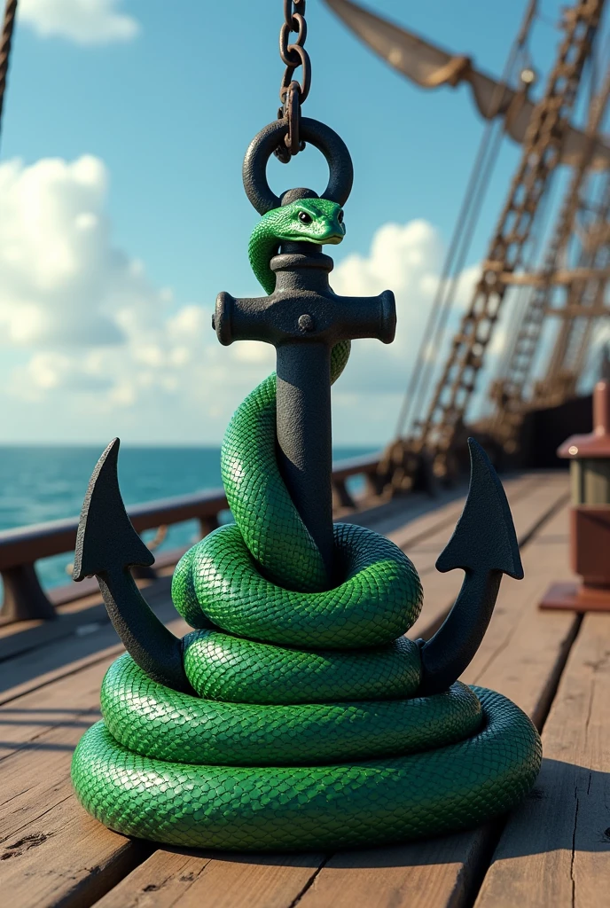 A realistic viper coiled around a black anchor