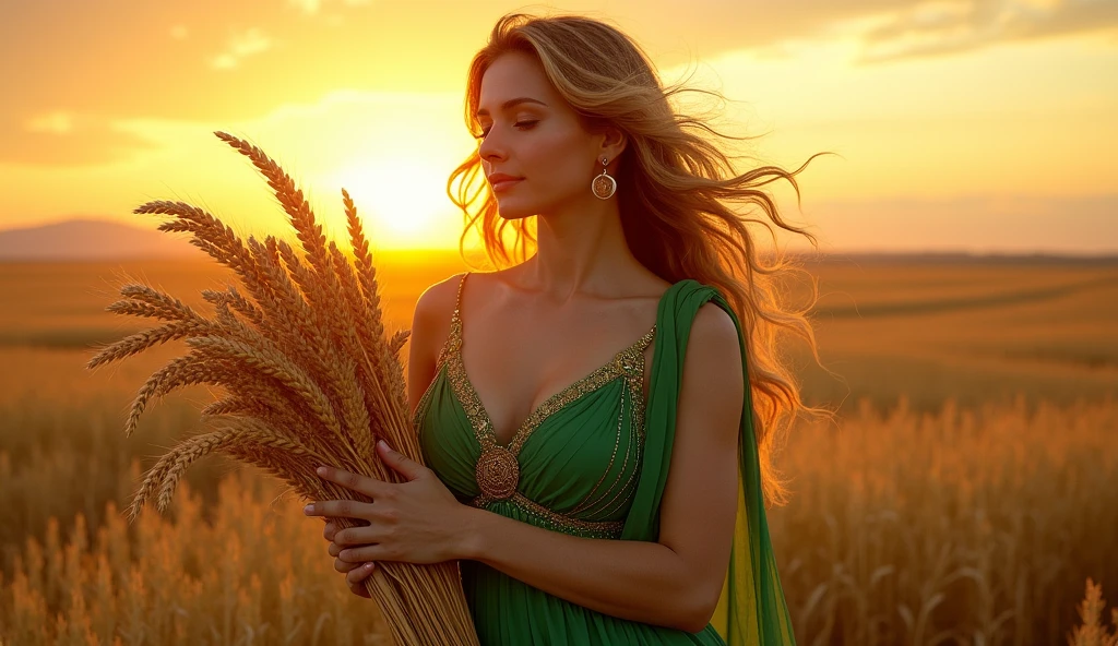 A Greek goddess "pregnant" with a 7-month belly in a green dress with gold threads, sharp curves, voluminous breasts holding a bunch of wheat, fantasy Celtic art portrait of the Greek goddess Demeter,convey depth, in the background a wheat field at sunset, connected to your womb