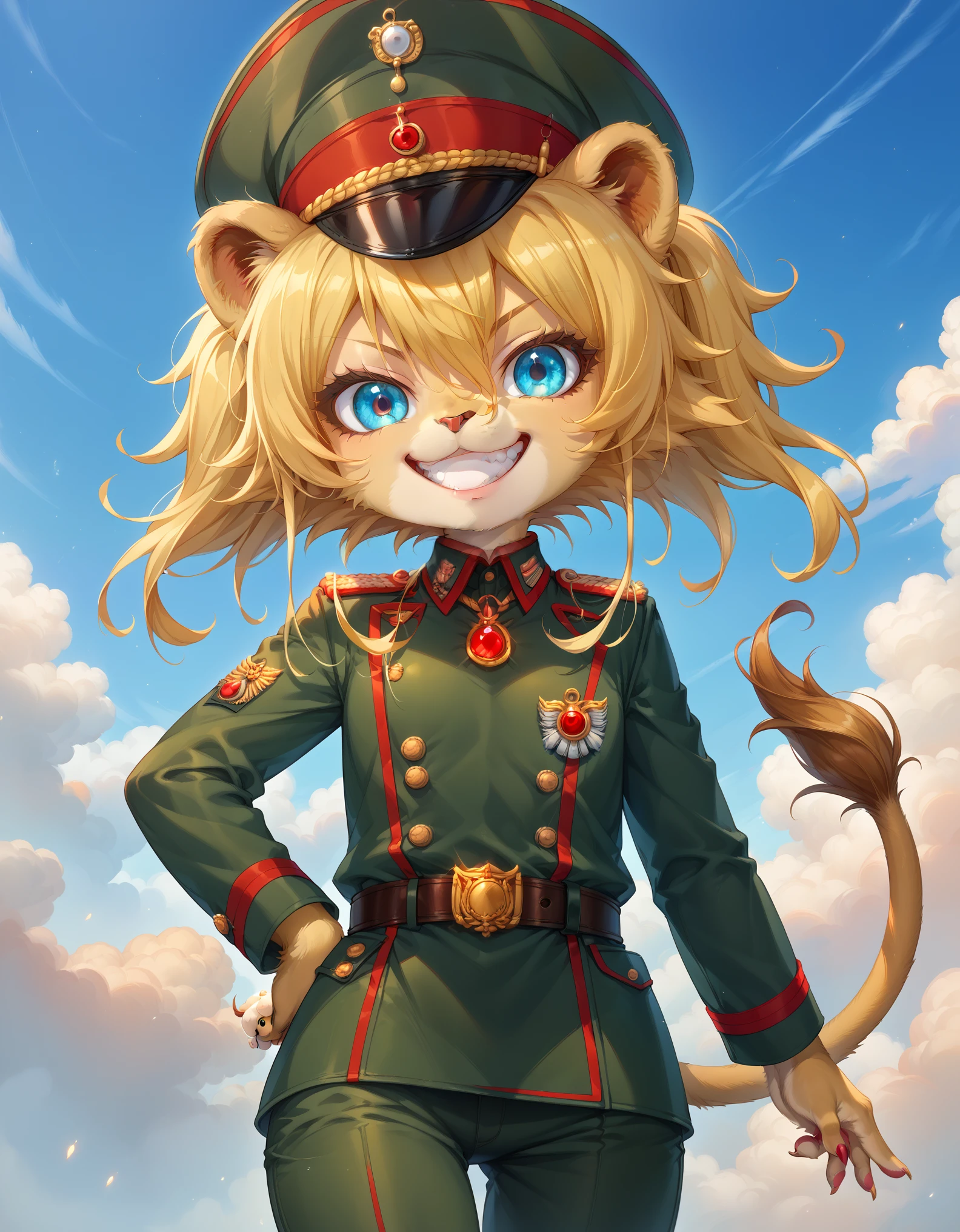 score_9,score_8_up,score_7_up, young, (****), lion girl, lion tail, yellow hair, Tanya Degurechaff, blue eyes, Baby, looking at viewer, smile, 1girl, lion ears, furry female, ((military hat, military uniform,red pendant, belt,pants,evil smile,)), military base, clear sky, looking at viewer, solo, anthro, cheek tuft, facial tuft, uperbody, evil smile,