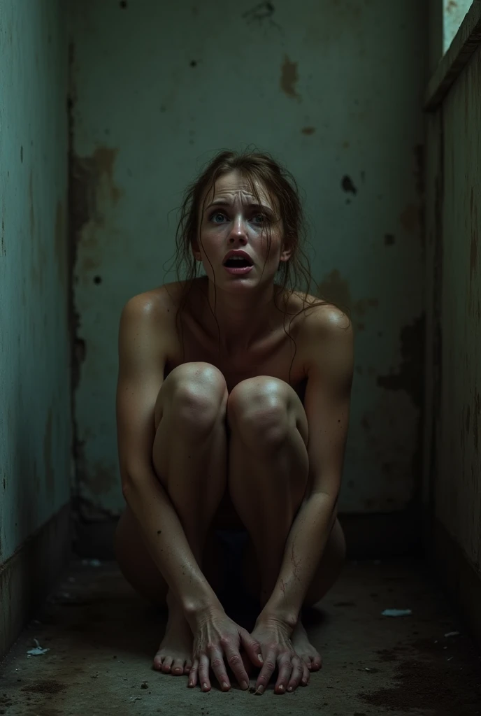 woman, stupid slut, dumb whore, dirty cunt, been slapped, broken and crying, used, abused, degraded, ashamed, bruised, bald, her hair on the floor arround her destroyed, afraid in a dark, dirty and humidy bassement, full body
