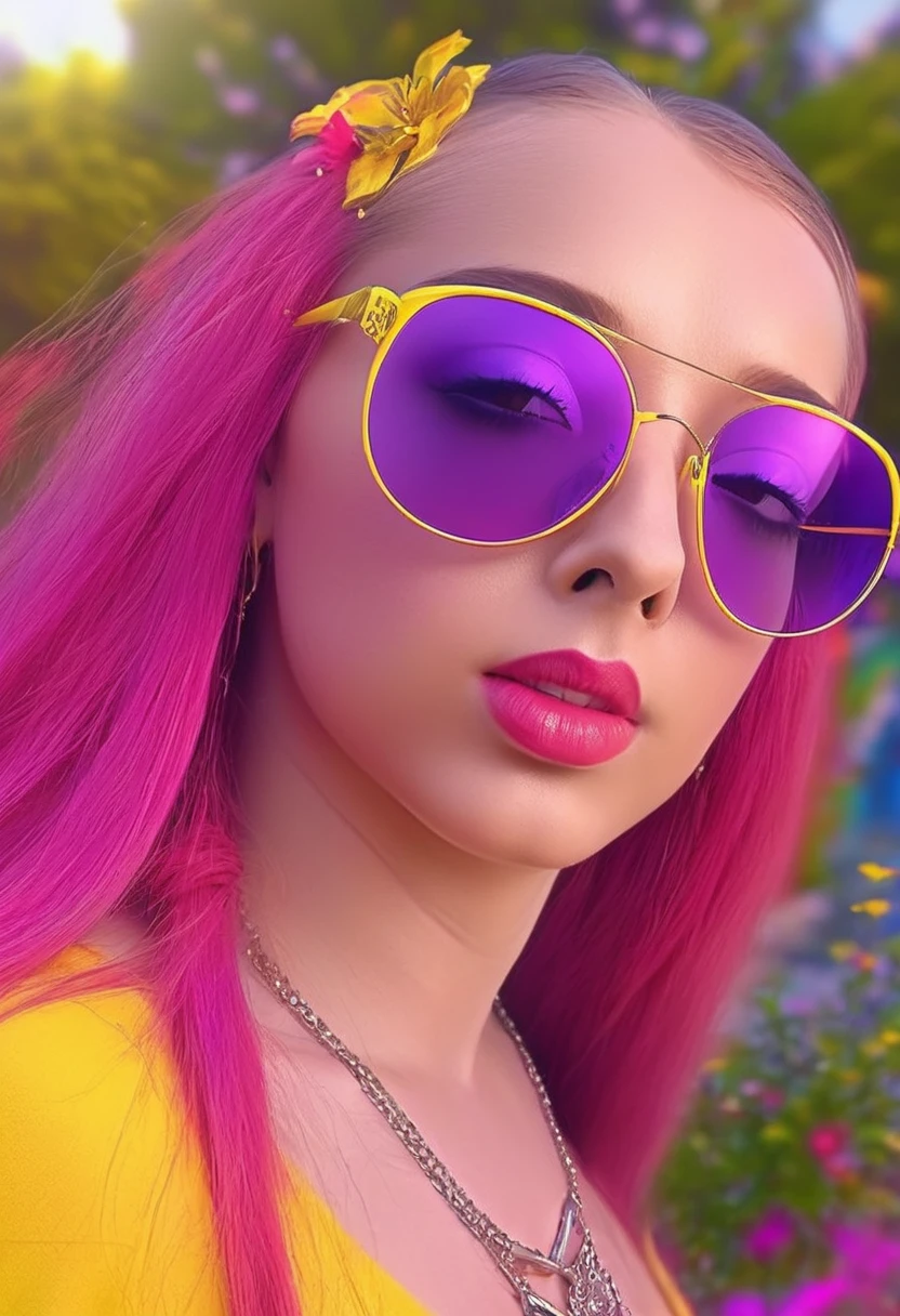 a girl with long pink hair and purple eyes wearing trendy yellow sunglasses, detailed face, beautiful detailed eyes, beautiful detailed lips, extremely detailed eyes and face, longeyelashes, yellow background, soft lighting, cinematic, photorealistic, 8k, (best quality,4k,8k,highres,masterpiece:1.2),ultra-detailed,(realistic,photorealistic,photo-realistic:1.37),vibrant,vivid colors,colorful,bright,magical,fantasy