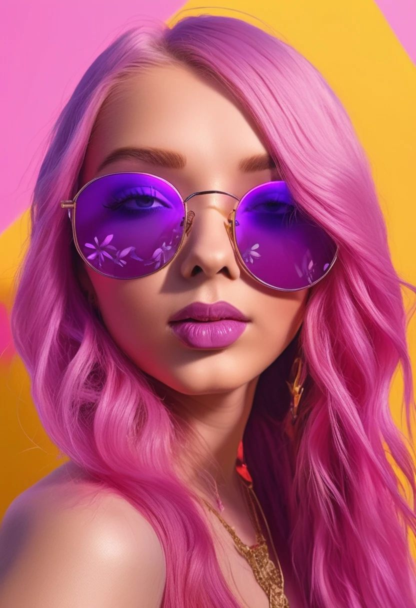 a girl with long pink hair and purple eyes wearing trendy yellow sunglasses, detailed face, beautiful detailed eyes, beautiful detailed lips, extremely detailed eyes and face, longeyelashes, yellow background, soft lighting, cinematic, photorealistic, 8k, (best quality,4k,8k,highres,masterpiece:1.2),ultra-detailed,(realistic,photorealistic,photo-realistic:1.37),vibrant,vivid colors,colorful,bright,magical,fantasy