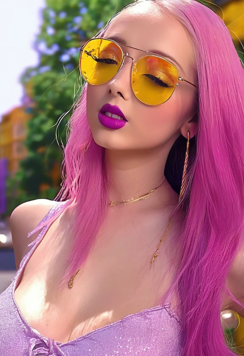 a girl with long pink hair and purple eyes wearing trendy yellow sunglasses, detailed face, beautiful detailed eyes, beautiful detailed lips, extremely detailed eyes and face, longeyelashes, yellow background, soft lighting, cinematic, photorealistic, 8k, (best quality,4k,8k,highres,masterpiece:1.2),ultra-detailed,(realistic,photorealistic,photo-realistic:1.37),vibrant,vivid colors,colorful,bright,magical,fantasy