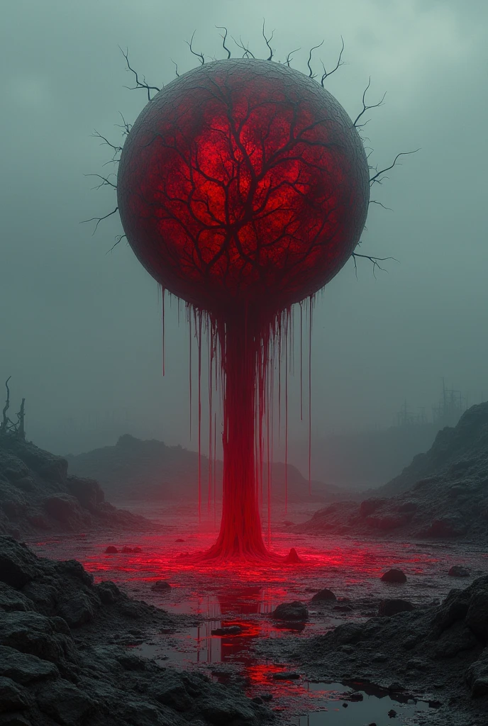 A dark and ominous scene of blood magic being conjured. In the center of a desolate battlefield, a pool of blood begins to pulsate and lift off the ground, forming a floating sphere of deep crimson, almost black, with dark veins extending outward. The surrounding area is lifeless, with the ground cracked and the air thick with the scent of iron. The sphere of blood glows with an eerie red light, casting sinister shadows. The environment around it is darkened, as if the blood is absorbing all light, creating an atmosphere of death and decay.