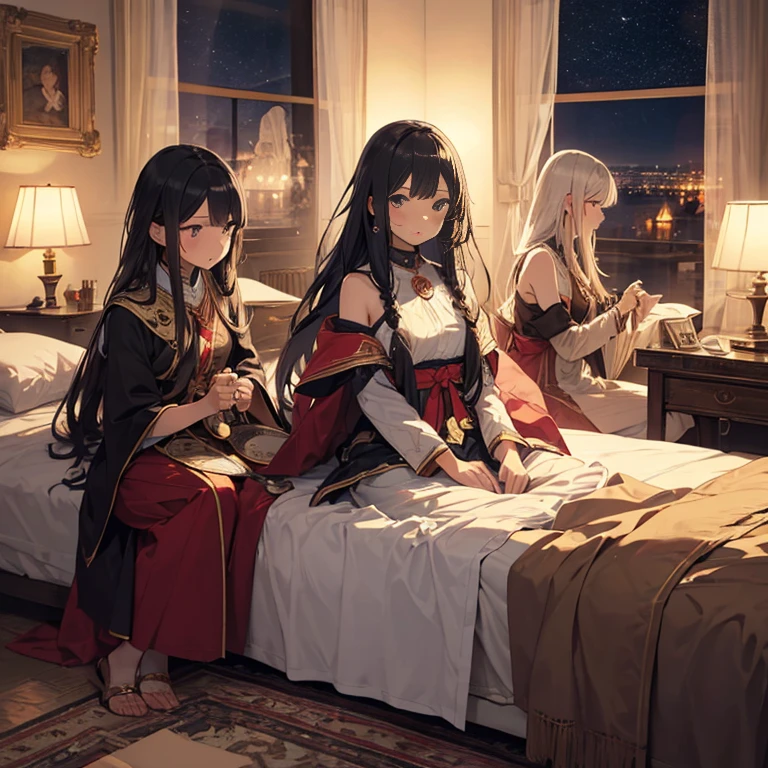A group of priestess, (in bedroom), various hair styles, harem, night, details face, scared, ceremonial outfit, multiple girls, exposed shoulders