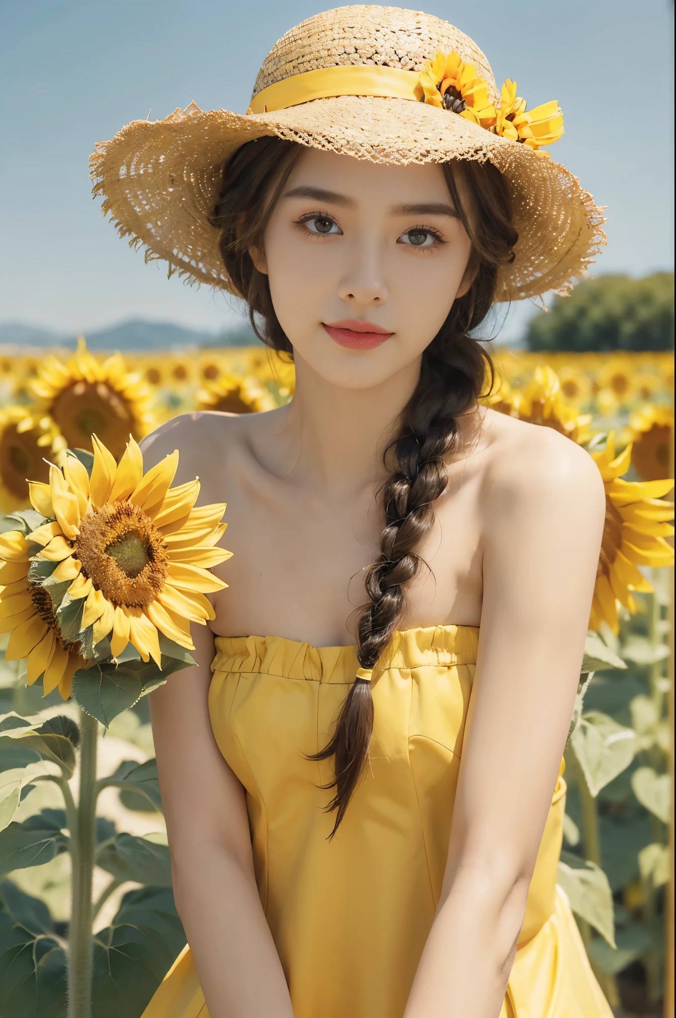 (((best quality))), (((ultra detailed))), (((masterpiece))), illustration,((a beautiful Ukrainian girl,solo)),((slim,thin)),((small breasts,flat chest)),(standing amidst a field of sunflowers:1.3),(vibrant blue formal hat:1.3),(short braid hair:1.2), (strapless vibrant bright yellow shirt:1.3),((from front,close-up of face)),complementary attire, (horizon as backdrop:1.2),((brilliant shade of clear blue sky, stark contrast with sea of yellow sunflowers)),striking features, sharp piercing eyes, warm kindness, subtle smile, gentle nature, simplicity of beauty,