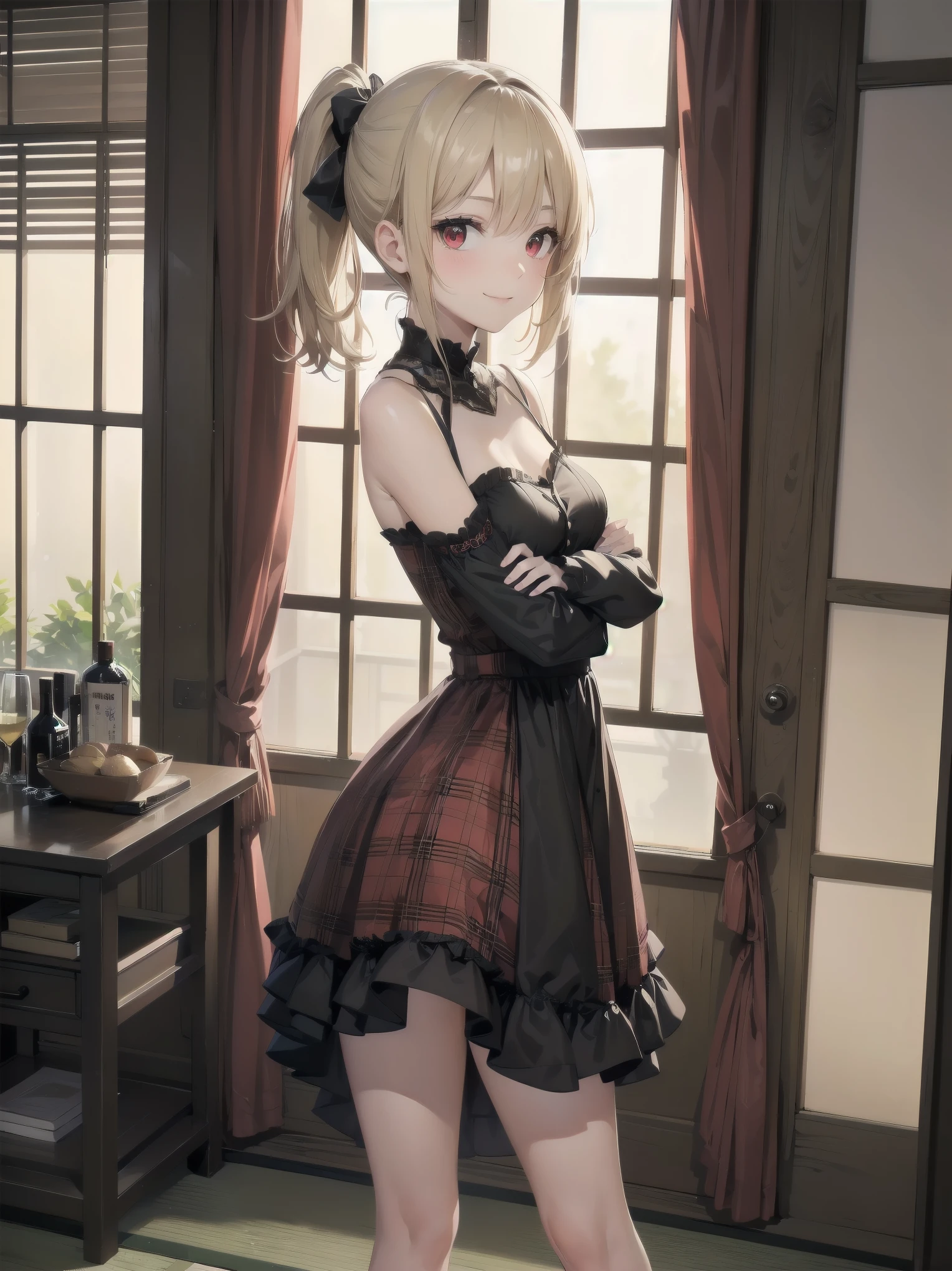 Girl in cute pose, (Masterpiece: 1.3), (Best Quality: 1.2), close-up of one beautiful girl, super hyper-detailed illustration,
BREAK
(Body type: girl, small breasts, slender,) charisma by nature,
BREAK
(Face: outstanding looks, mature beauty, ruby red eyes,)
BREAK
(Hairstyle: ponytail, long hair that ends around her chest, layers around her face, not much in the rest of her face. The rest of the hair is not so layered, giving the impression of a heavy haircut. The hair is smooth and straight, and the bangs are long enough to cover the eyes. They are parted and down so that the forehead is slightly visible. The key point is that both ends of the bangs are slightly cut to a length around the cheekbones. Blonde hair. (Lighter hair color than so-called brown or brown hair, half-up hair style tied on one side, left side half bunches or side ponytail),
BREAK
Less revealing dresses, plaid printed splicing dresses, vintage long-sleeved bodycon dresses,
BREAK
Bending forward, arms crossed behind the back, smiling, silky hair
BREAK
Background: warm room with wood grain and green, 7 tatami 1K natural interior, cosmetic table, bed, futon, cushion, chair, accessories, curtains, cute girlish room