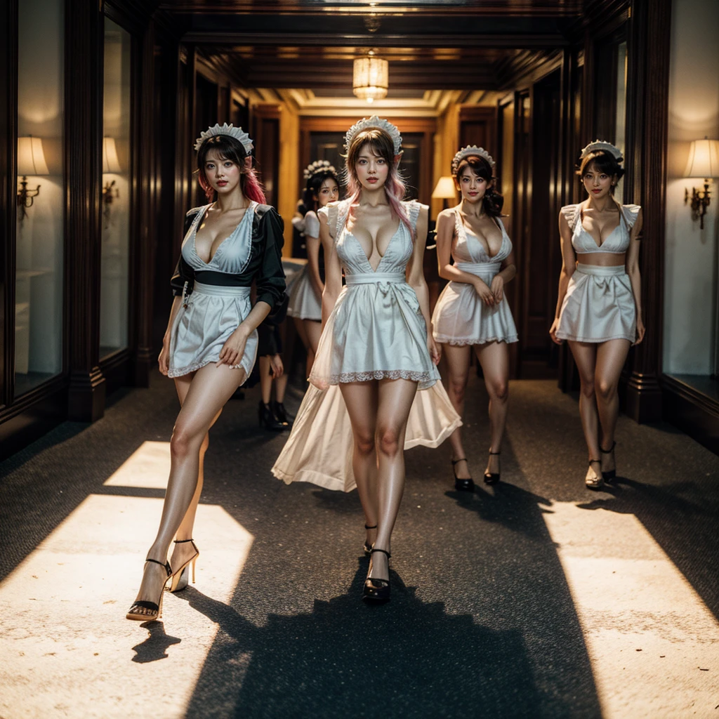 (Full Body of Extremely Detailed((Sexy Maid Group in a row:1.37))), KAWAII perfect face, Reflective Eyes, Detailed(Delicate Clothing textures), Correct Leg Line, Dynamic Joyful Expressions LifeLike Rendering, Specular Reflection, TopQuality 8K Ultra-detailed masterpiece (ProfessionalPhoto:1.37), (Acutance:0.8), (Luminism:1.28), (Renaissance art style), Colorful Light particles, ((Full body from side)), {Kissing|Thigh Gap|AssFocus|(NakedApron with Overflowing SideBoob)|[Gold NippleSticker]}, Radiant Fine Skin with Transparency, (Exposed:0.4), (Different types of Anime hair color){Pink Hair|LitghtBlue Hair|Platinum Blonde|Pure White Hair|Liquid Hair}, Perfect Lighting 