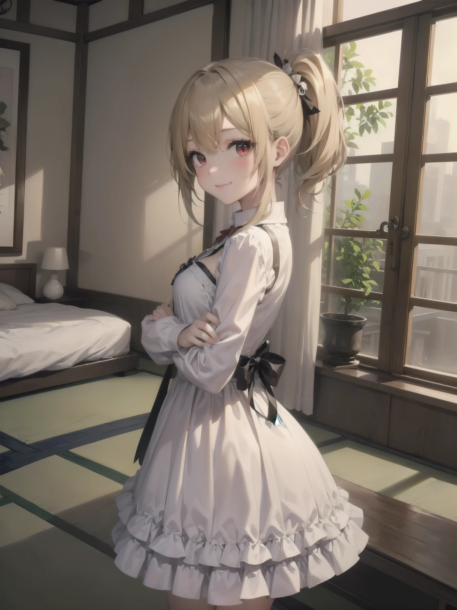 Girl in cute pose, (Masterpiece: 1.3), (Best Quality: 1.2), close-up of one beautiful girl, super hyper-detailed illustration,
BREAK
(Body type: girl, small breasts, slender,) charisma by nature,
BREAK
(Face: outstanding looks, mature beauty, ruby red eyes,)
BREAK
(Hairstyle: ponytail, long hair that ends around her chest, layers around her face, not much in the rest of her face. The rest of the hair is not so layered, giving the impression of a heavy haircut. The hair is smooth and straight, and the bangs are long enough to cover the eyes. They are parted and down so that the forehead is slightly visible. The key point is that both ends of the bangs are slightly cut to a length around the cheekbones. Blonde hair. (Lighter hair color than so-called brown or brown hair, half-up hair style tied on one side, left side half bunches or side ponytail),
BREAK
Less revealing dresses, plaid printed splicing dresses, vintage long-sleeved bodycon dresses,
BREAK
Bending forward, arms crossed behind the back, smiling, silky hair
BREAK
Background: warm room with wood grain and green, 7 tatami 1K natural interior, cosmetic table, bed, futon, cushion, chair, accessories, curtains, cute girlish room